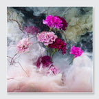 A square art print or canvas featuring a stylized floral composition with pink, magenta, and white carnation-like flowers floating among swirling mist in soft blush, gray, and pale green tones.