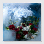 A square floral art print featuring a bouquet of red and white flowers, including roses and orchids, emerging from swirling white smoke against a deep blue background.