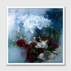 A square framed art print featuring a bouquet of red and white flowers emerging from swirling blue and white smoke, shown against a light gray background.
