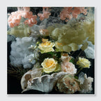 A square floral still-life artwork featuring pale yellow and blush pink roses arranged with large seashells against a dark background, with soft pink, cream, and white smoke or cloud forms rising above.