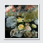 A square art print featuring a surreal still life of soft pink, yellow, and white flowers blending into textured white clouds, with seashells resting at the bottom, presented on a light gray background with a white border.
