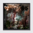 A framed square art print featuring an abstract, painterly scene with flowing beige and white forms, red vertical streaks, pale blue haze, dark shadows, and green leaves at the bottom, shown against a light gray background.