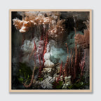 A framed square art print featuring an abstract underwater-like scene with flowing smoky clouds in beige, white, and pale green, red-brown vertical spires, dark foliage, and coral-like textures, set in a light natural wood frame against a light gray background.