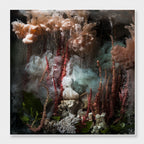 An abstract, painterly composition with smoky peach, gray, and teal forms, red vertical spires, white sculptural elements, and dark shadowy areas, presented as wall art with a thin white border.