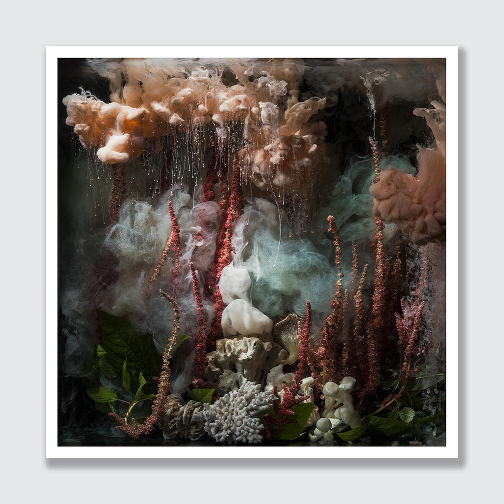 An abstract botanical art print featuring textured clouds, droplets, and spires of coral-like forms in muted pink, teal, white, and dark charcoal tones, presented with a white border on a light gray background.