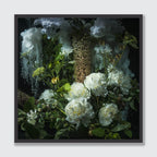 A framed floral art print featuring white peonies, green foliage, and textured white cloud-like forms against a dark background, presented in a thin black frame on a light gray wall.